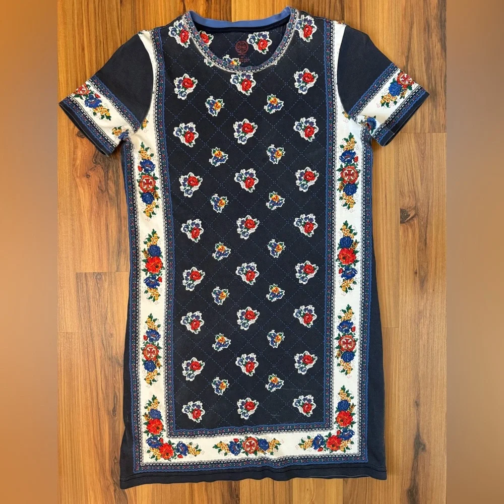 Tory Burch Floral Print T-Shirt Dress XS Boho Preppy Cottagecore Knit